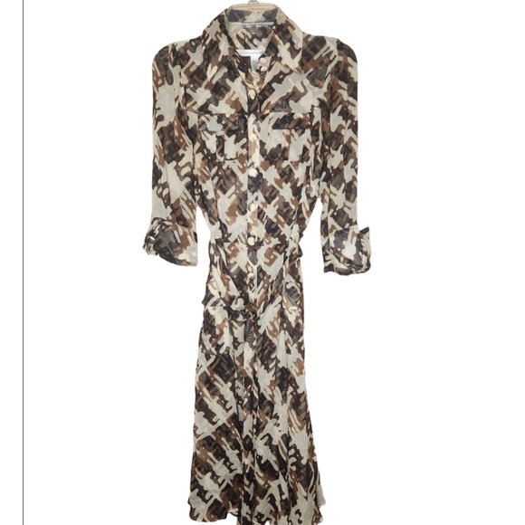 Diane Von Furstenberg Hillevi Silk Printed Sheer Midi Shirtdress Size 8 - Picture 2 of 10
